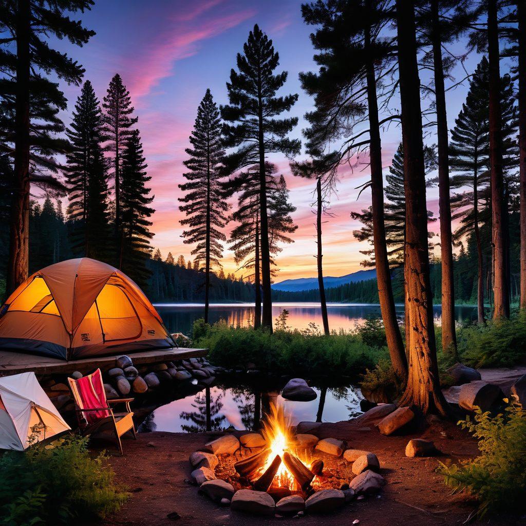 A serene camping scene in a lush forest at sunset, featuring a cozy tent with a glowing campfire surrounded by friends sharing stories. Emphasize the beauty of nature with towering trees, a starry sky beginning to emerge, and a tranquil lake reflecting the colors of dusk. Incorporate hiking gear and a picnic setup nearby to highlight adventure. super-realistic. vibrant colors. 3D.