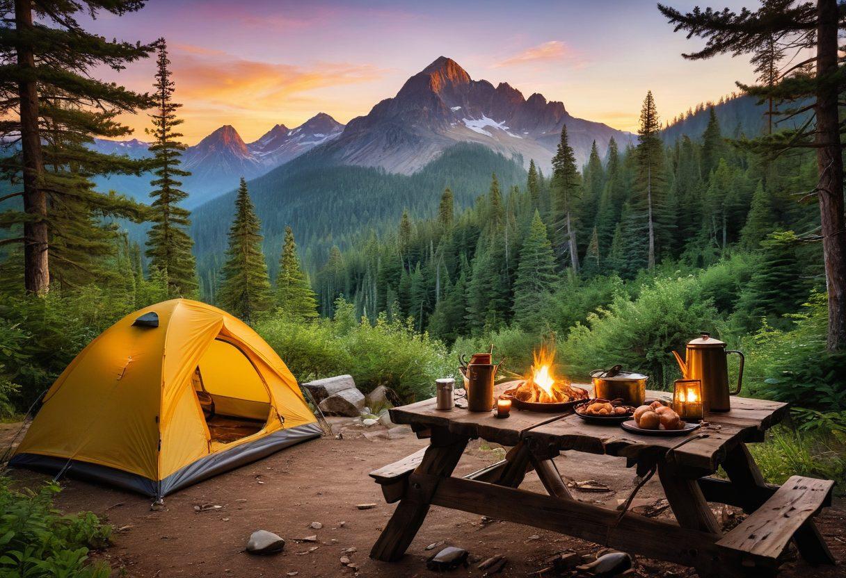 Envision a cozy campsite with a crackling fire, surrounded by lush, green trees and majestic mountains in the background. Include a table laid out with cooking utensils, vibrant fresh ingredients, and a picturesque view of a hiking trail leading into the wilderness. A pair of hiking boots and a backpack sit nearby, ready for adventure. The scene is bathed in warm golden sunset hues, evoking a sense of adventure and tranquility. super-realistic. vibrant colors. panoramic view.